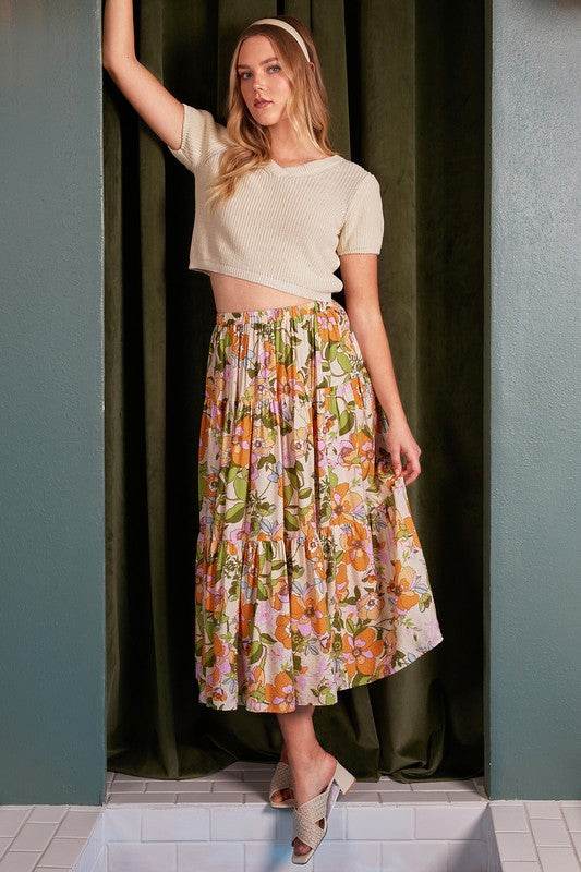 Mittoshop Flower Print Elastic Waist Tiered Skirt - Hovatok