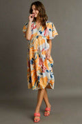 Umgee Full Size Abstract Print Flutter Sleeve Frill Tiered Midi Dress Plus Size - Hovatok
