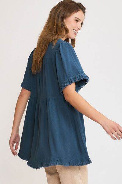 Umgee Full Size Raw Hem Notched Babydoll Linen Blouse Plus Size - Hovatok