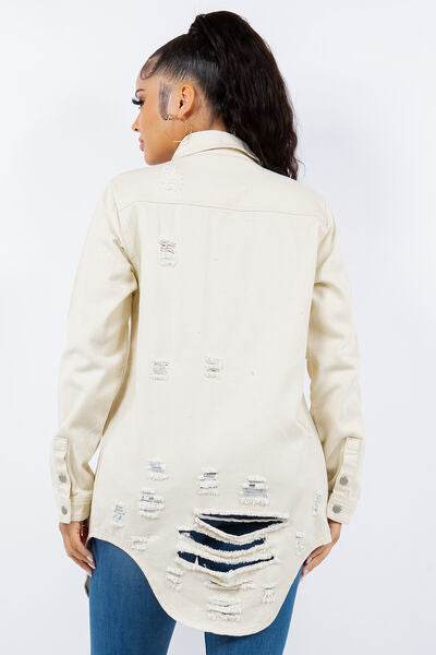 American Bazi Distressed Button Up Long Sleeve Denim Jacket - Hovatok