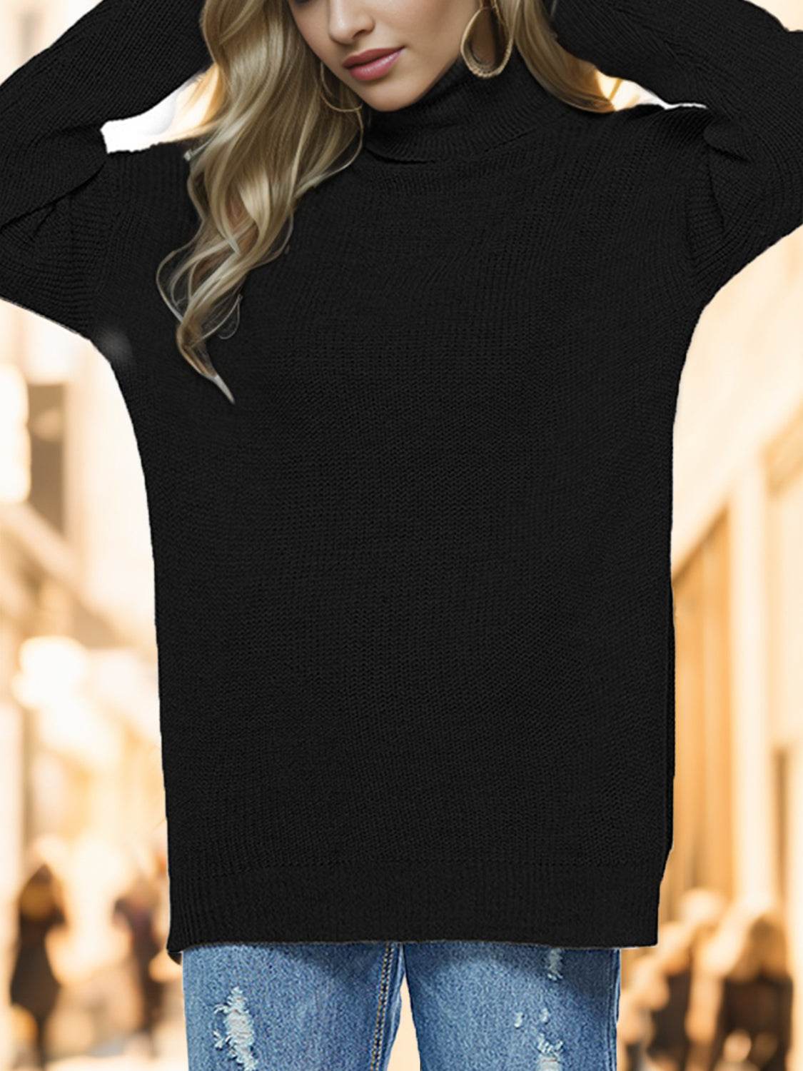 Turtleneck Drop Shoulder Long Sleeve Sweater - Hovatok