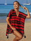 Angel Wings Tassel Openwork Striped V-Neck Cover Up - Hovatok