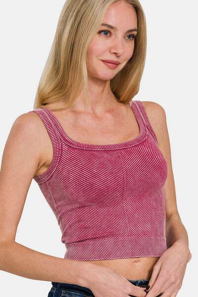 Zenana Washed Ribbed Scoop Neck Wide Strap Tank - Hovatok