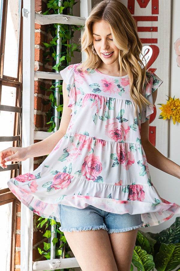 Heimish Full Size Butterfly Short Sleeve Round Neck Floral Print Tiered Top Plus Size - Hovatok