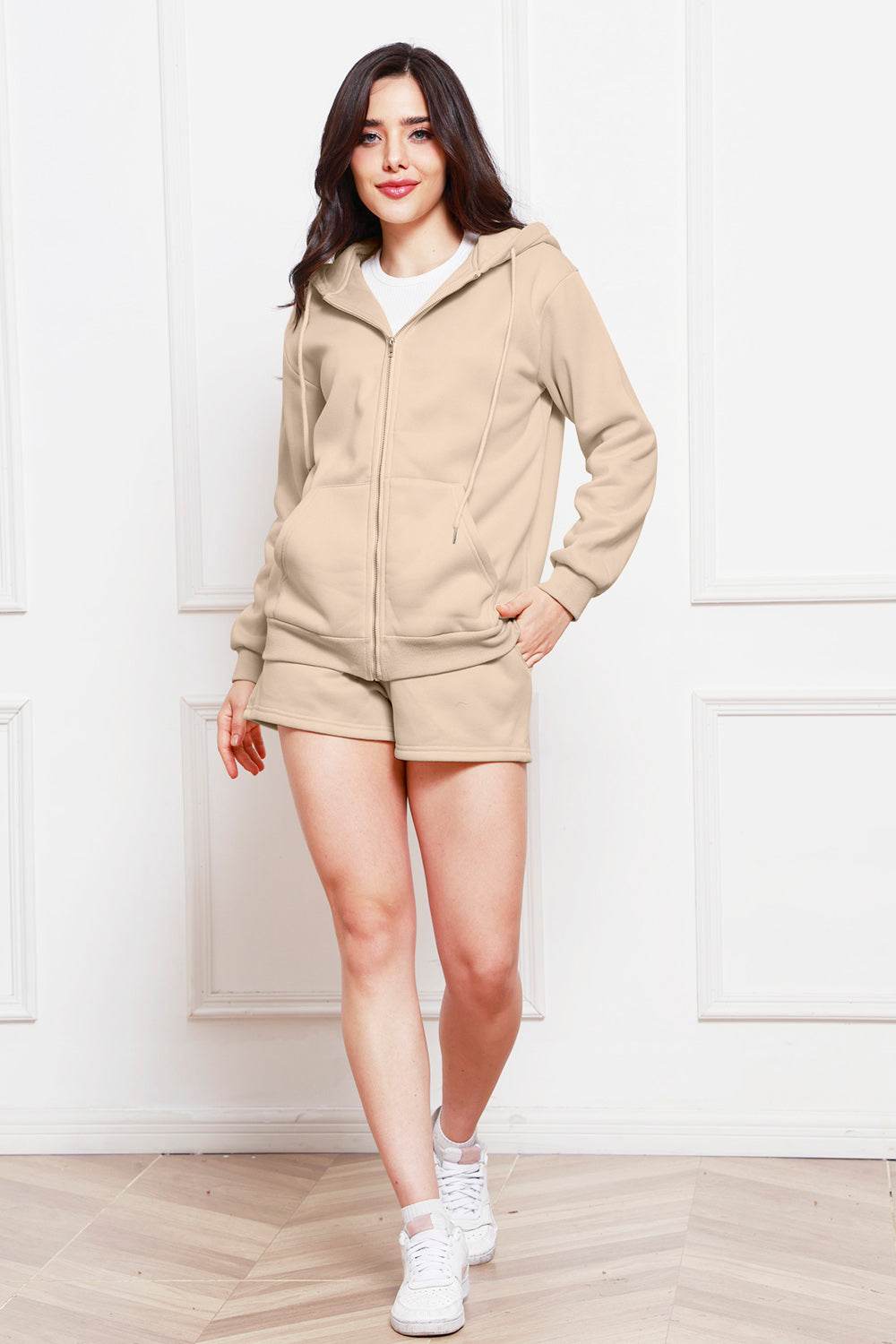 Zip Up Drawstring Hoodie and Shorts Set - Hovatok