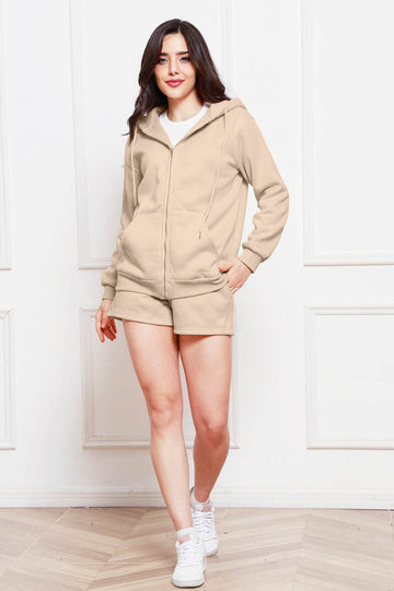 Zip Up Drawstring Hoodie and Shorts Set - Hovatok