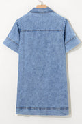 Short Sleeve Collared Patched Pocket Denim Mini Dress - Hovatok