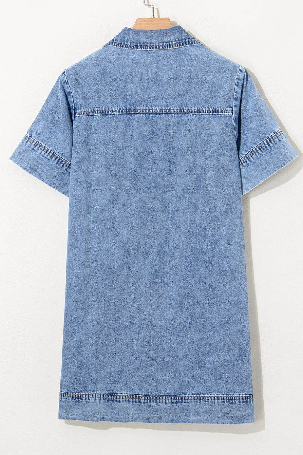 Short Sleeve Collared Patched Pocket Denim Mini Dress - Hovatok
