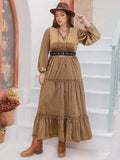 Plus Size Frill Tie Neck Long Sleeve Dress - Hovatok