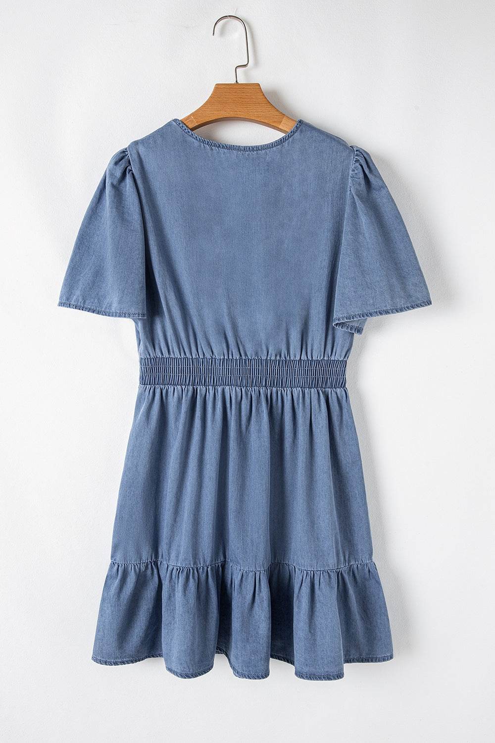 Ruffled Hem Smocked Flutter Sleeve Denim Mini Dress - Hovatok