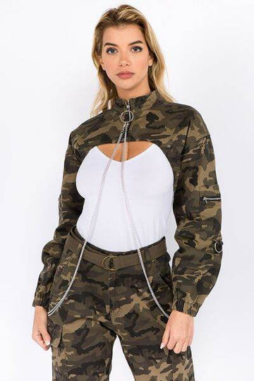 American Bazi Camouflage Cropped Jacket with Chains - Hovatok