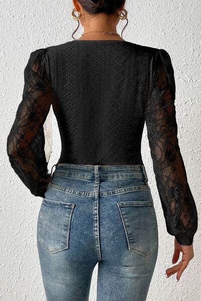 Eyelet Lace Long Sleeve Bodysuit - Hovatok