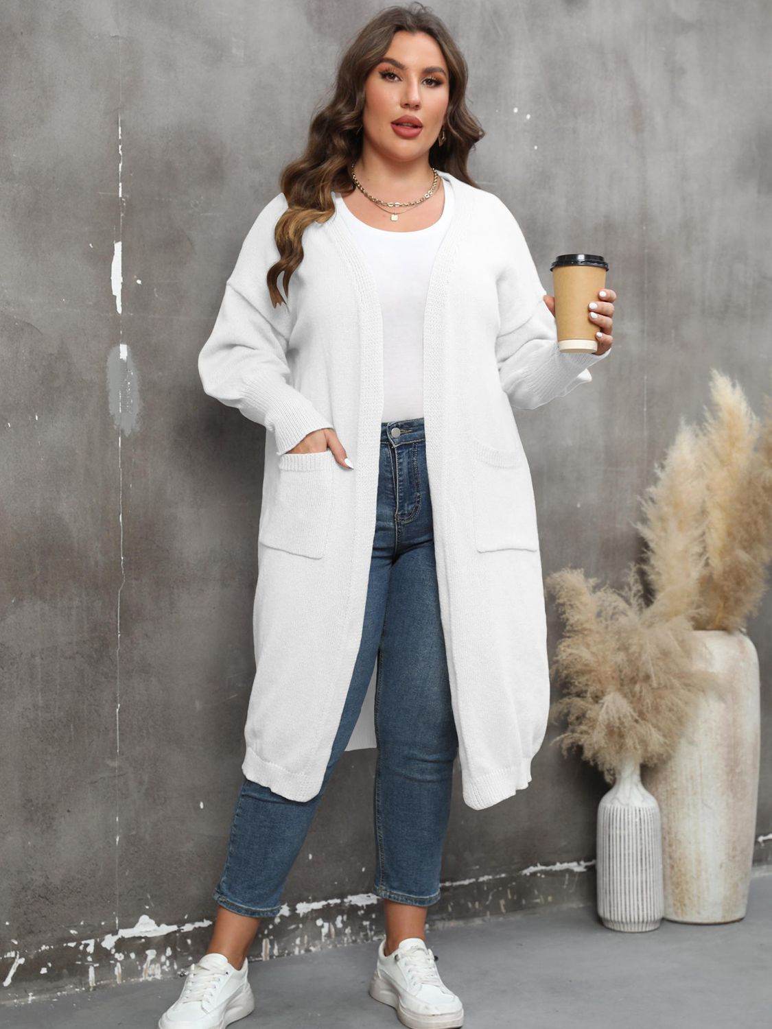 Plus Size Long Sleeve Pocketed Cardigan - Hovatok