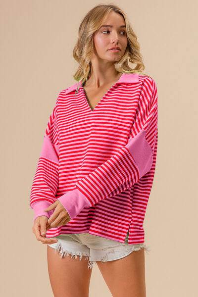 BiBi Striped Contrast Long Sleeve Knit Top - Hovatok