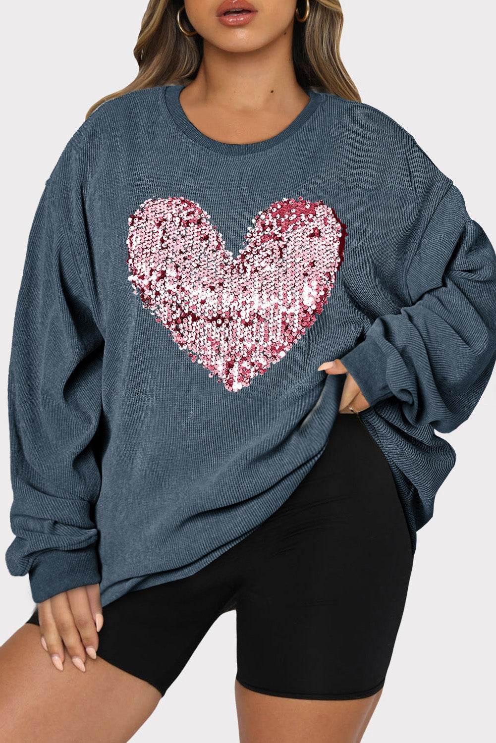 Plus Size Heart Sequin Round Neck Sweatshirt - Hovatok