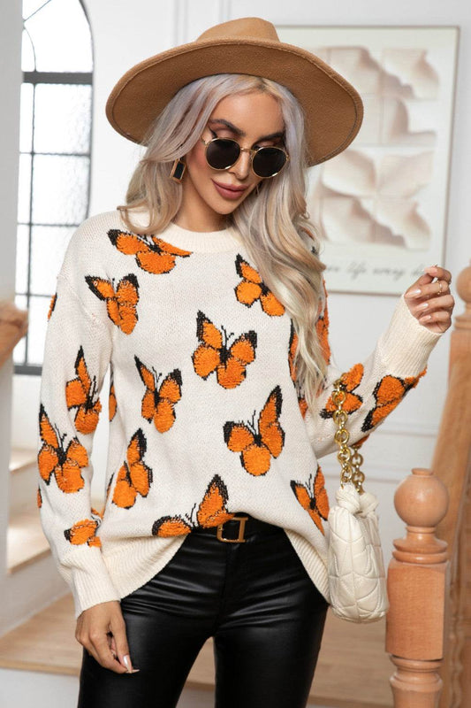 Butterfly Round Neck Long Sleeve Sweater - Hovatok