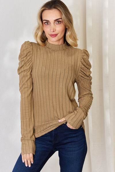 Basic Bae Full Size Ribbed Mock Neck Puff Sleeve T-Shirt - Hovatok