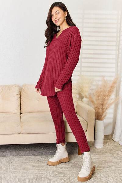 Basic Bae Full Size Notched Long Sleeve Top and Pants Set - Hovatok