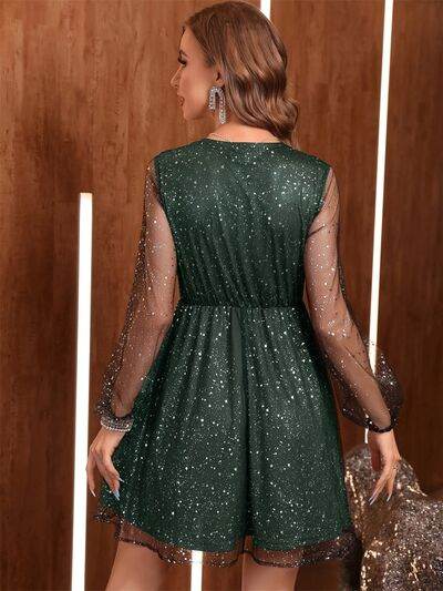 Glitter Surplice Long Sleeve Mini Dress - Hovatok
