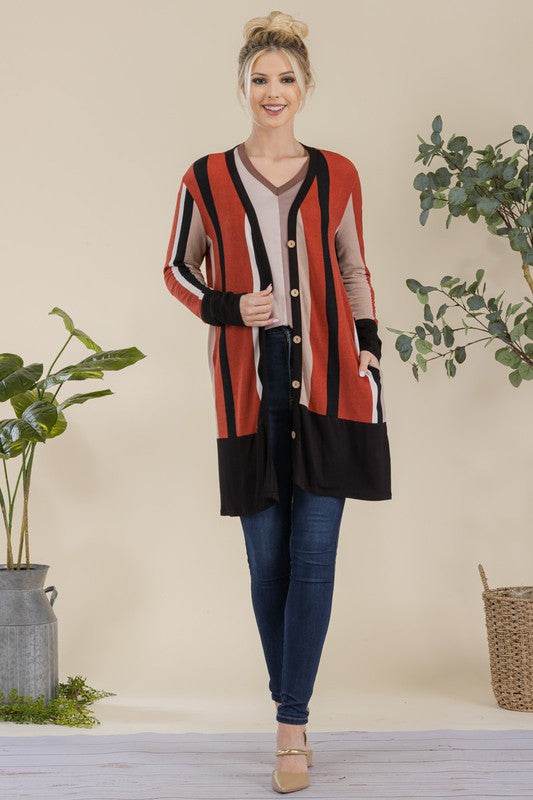 Celeste Full Size Striped Button Up Long Sleeve Cardigan Plus Size - Hovatok
