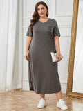 Plus Size Pocketed V-Neck Short Sleeve Lounge Dress - Hovatok