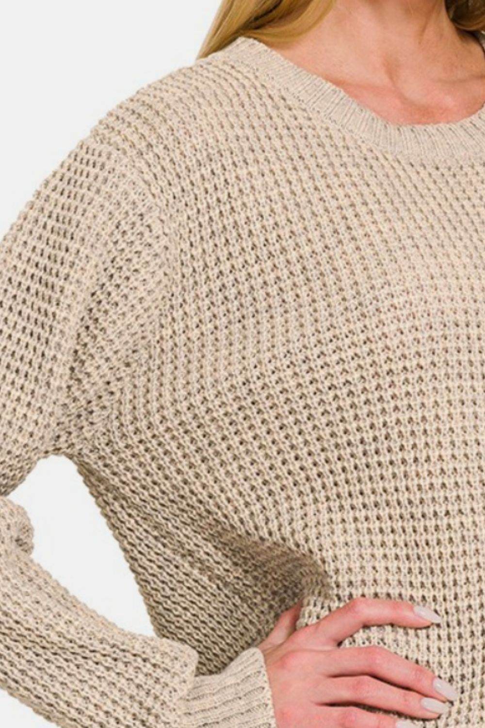 Zenana High Low Long Sleeve Waffle Sweater - Hovatok