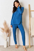 Basic Bae Full Size Ribbed Round Neck High-Low Slit Top and Pants Set - Hovatok