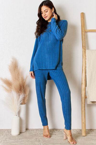 Basic Bae Full Size Ribbed Round Neck High-Low Slit Top and Pants Set - Hovatok