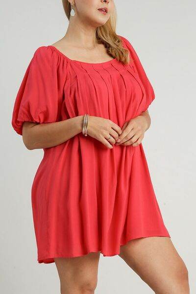Umgee Full Size Squared Neck Puff Sleeve Mini Dress Plus Size - Hovatok