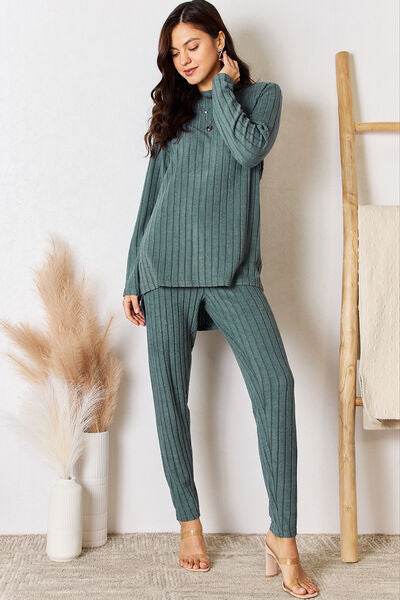 Basic Bae Full Size Ribbed Round Neck High-Low Slit Top and Pants Set - Hovatok