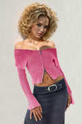 Double Take Ribbed Off-Shoulder Zip Up Long Sleeve Cardigan - Hovatok