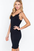 ACTIVE BASIC V-Neck Lace Trim Ribbed Seamless Cami Dress - Hovatok
