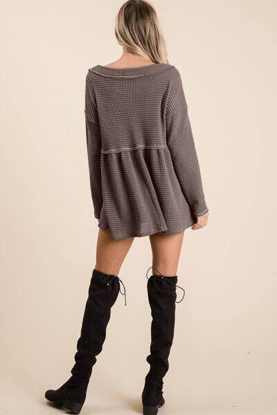 BiBi Waffle Knit V-Neck Babydoll Blouse - Hovatok
