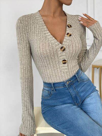 Perfee V-Neck Long Sleeve Bodysuit - Hovatok