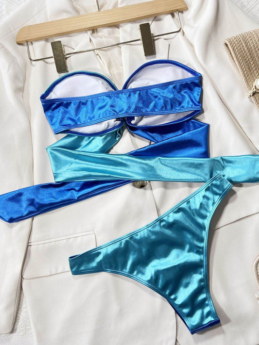 Two-Tone Ring Detail Tied Bikini Set - Hovatok