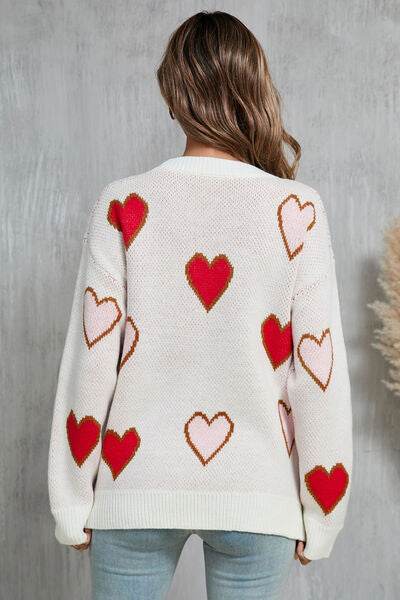 Angel Wings Contrast Heart Round Neck Long Sleeve Sweater - Hovatok