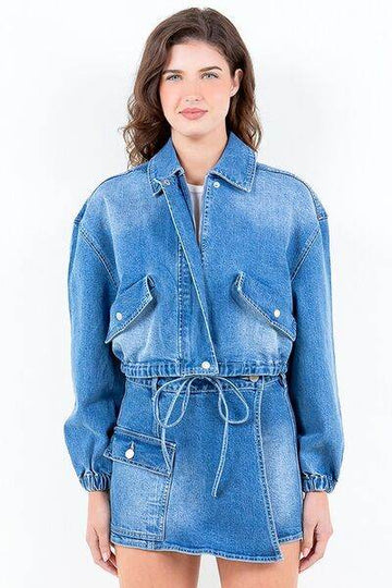 American Bazi Full Size Drop Shoulder Cropped Denim Jacket with Waist Strap Plus Size - Hovatok