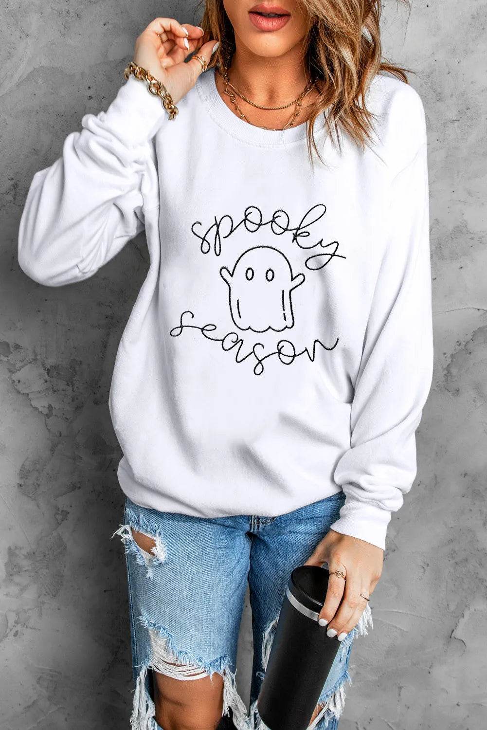 Ghost Graphic Long Sleeve Dropped Shoulder Sweatshirt - Hovatok