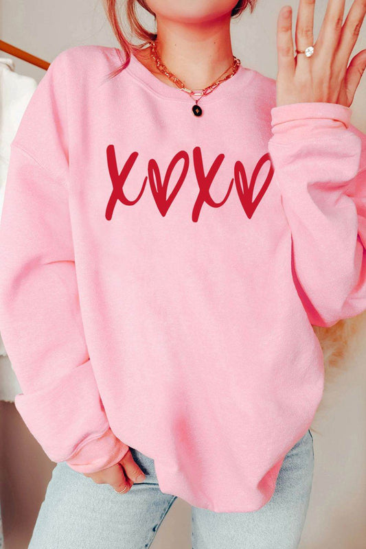 Valentine’s Day XOXO Round Neck Drop Shoulder Sweatshirt - Hovatok