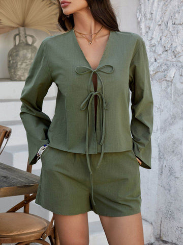Devine Double Tied V-Neck Top and Shorts Set - Hovatok