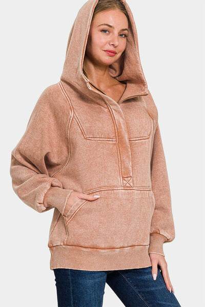 Zenana Acid Wash Fleece Kangaroo Hoodie - Hovatok