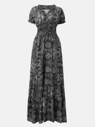 Full Size Smocked Printed V-Neck Short Sleeve Dress - Hovatok