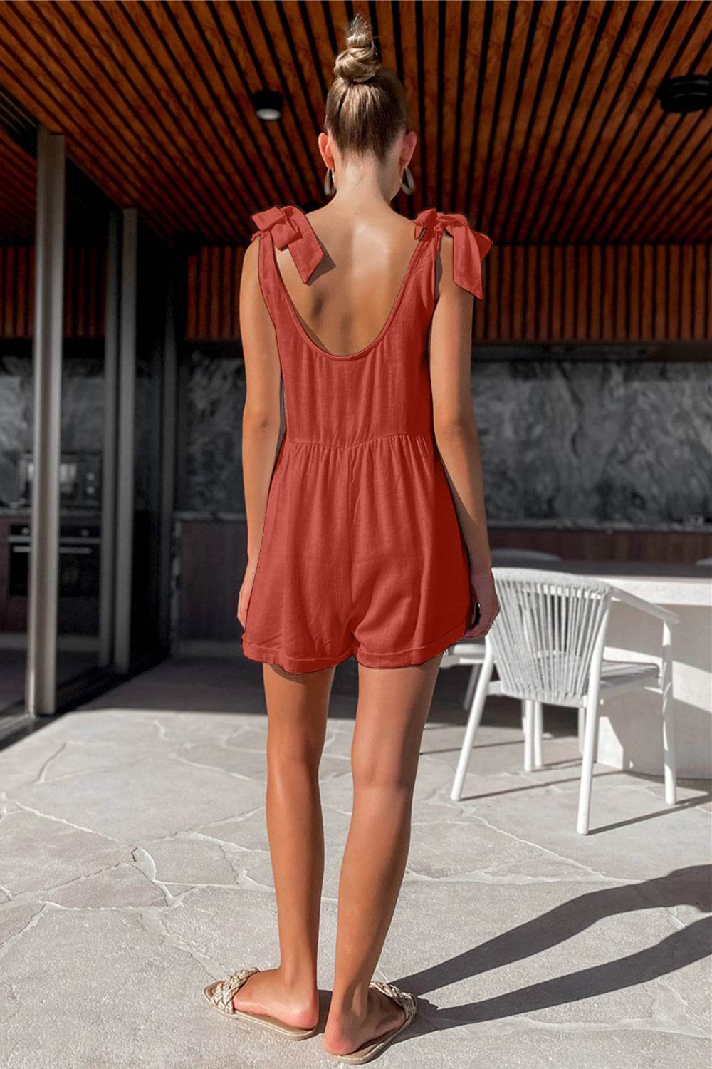 Full Size Scoop Neck Tie Shoulder Romper - Hovatok