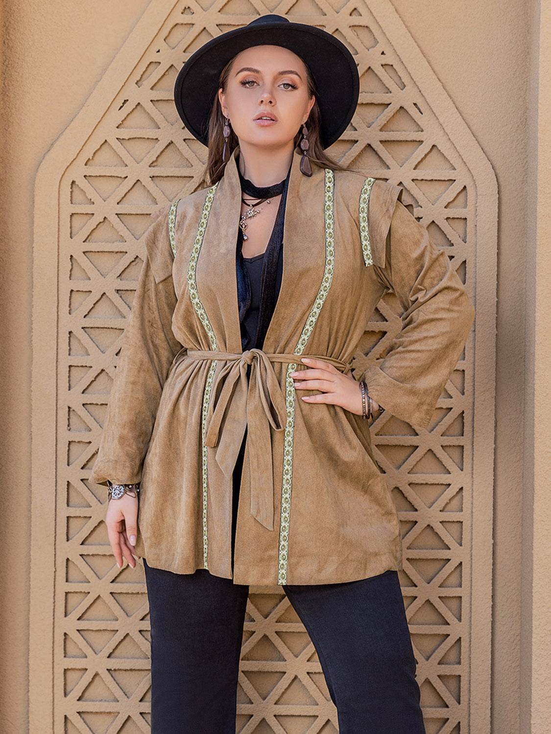 Plus Size Long Sleeve Tie Waist Cardigan - Hovatok