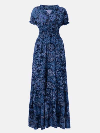 Full Size Smocked Printed V-Neck Short Sleeve Dress - Hovatok