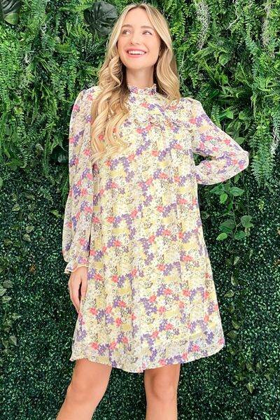And The Why Floral Mock Neck Flounce Sleeve Dress - Hovatok