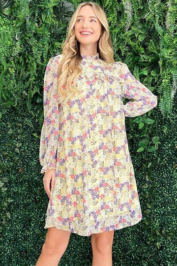 And The Why Floral Mock Neck Flounce Sleeve Dress - Hovatok