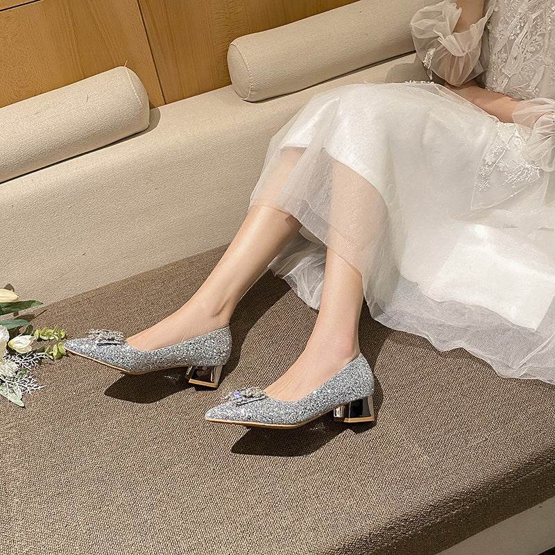 Glitter Point Toe Block Heel Pumps - Hovatok