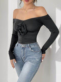 Perfee Ruched Flower Off-Shoulder Long Sleeve Bodysuit - Hovatok