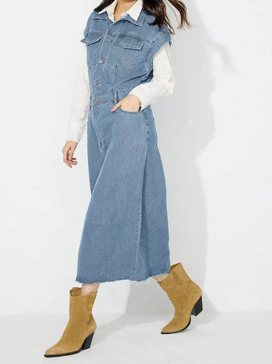 Slit Half Button Collared Neck Cap Sleeve Denim Dress - Hovatok